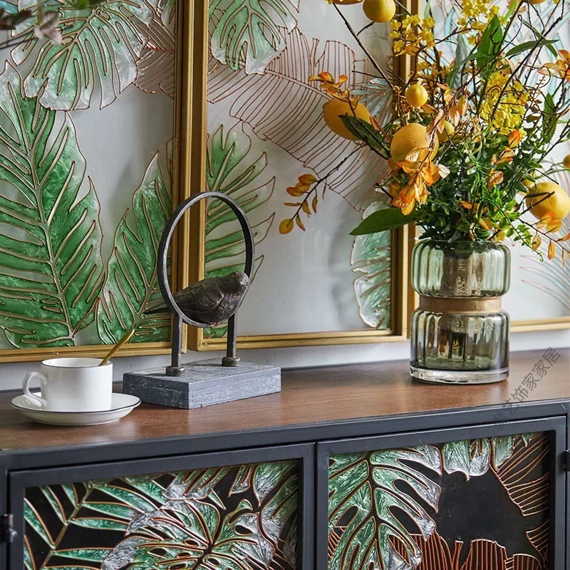Hand painted decorative glass side cabinet metal home storage cabinet