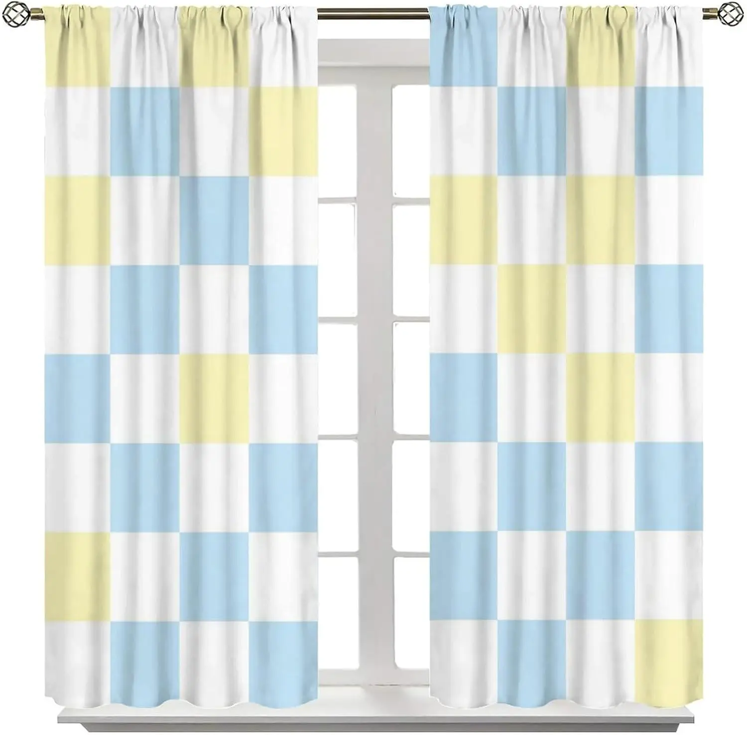 Blue and cream gingham checked plaid curtains set for living room and bedroom window decor farmhouse cottage style drapery panel