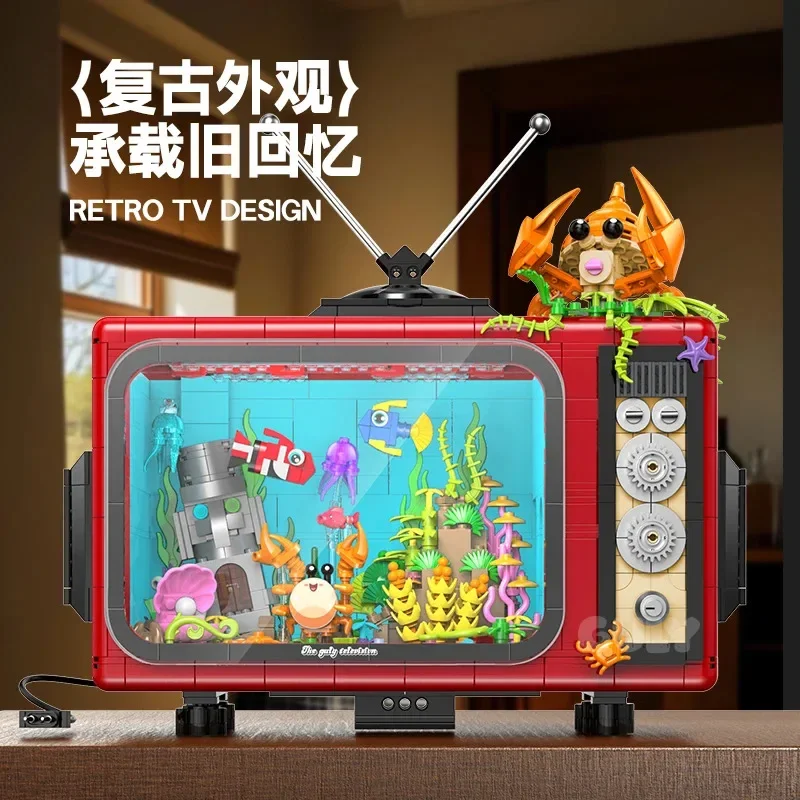 2025 New Aquarium TV Building Kit, Electric Mist Spray & LED Light Effects, Retro Themed Home Decor Gift for Adults &