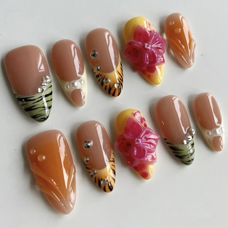

Rhinestone Pearl 3D Purple Flowers Green Orange French Zebra Print False Nails Detachable Finished Fake Nails Press on Nails