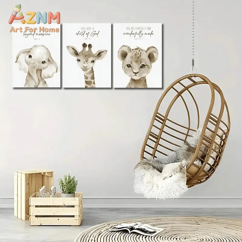 AZNM Safari Baby Animal Canvas Wall Art Elephant Giraffe Leopard Inspirational Quote Watercolor Frameless Canvas Painting Nurser