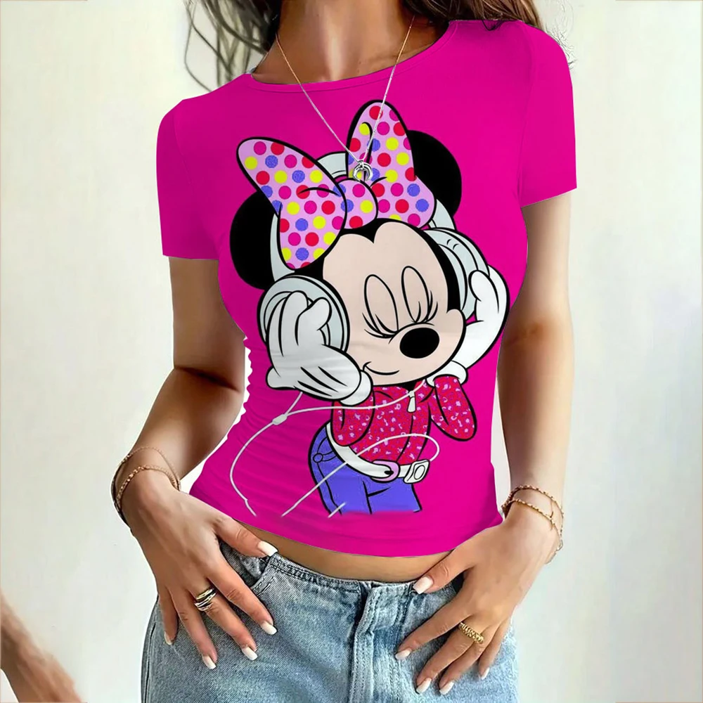 ديزني ميكي ماوس طباعة 2025 الصيف مثير المرأة الأساسية س الرقبة قصيرة الأكمام تي شيرت المرأة سليم صالح مطاطا تي شيرت أعلى 20 co