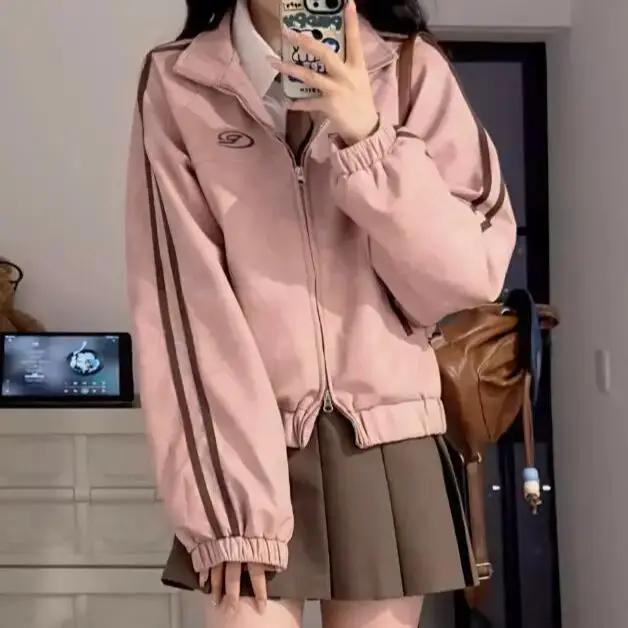 Pink Suede Jacket Coat Vintage Y2k Women Korean Fashion Streetwear Cropped Bomber Jackets Japanese Style College Spring Coat
