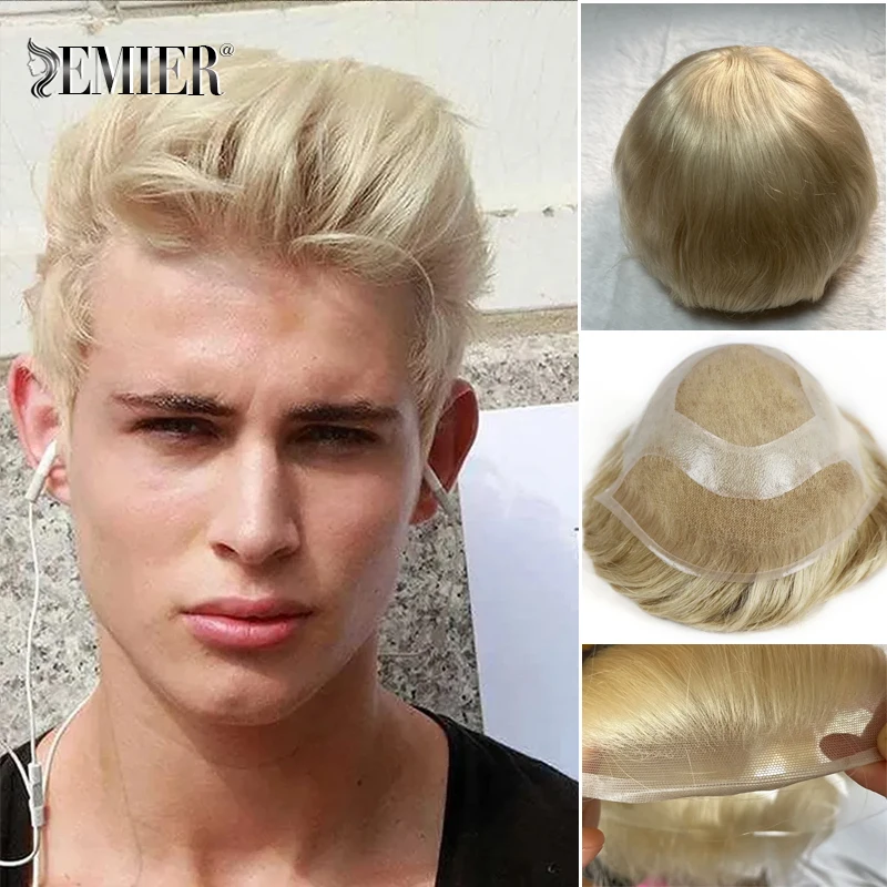 HD Swiss Lace & PU Men's Toupee European Human Hair Replacement System For Men #613 Blonde Color Hairpiece