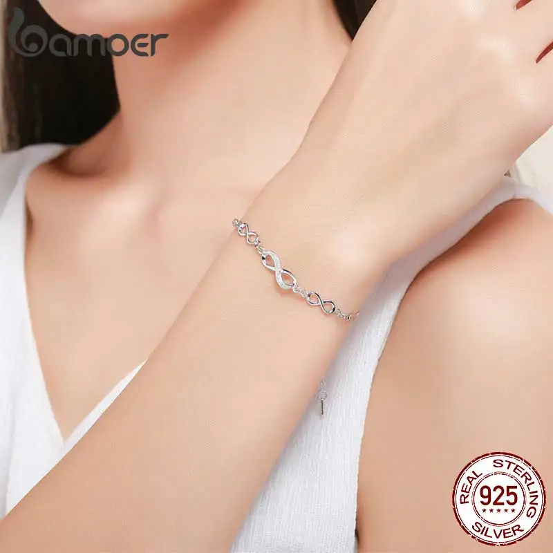 Bamoer Authentic 925 Sterling Silver Infinity Love Chain Link Adjustable Zircon Bracelet for Women Luxury Silver Jewelry SCB037