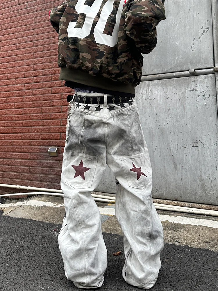 

Retro American Street Washed Jeans Men's Loose Straight Leg Trendy Long Pants Durable Wear Resistant Anti Soiling Casual Jeans