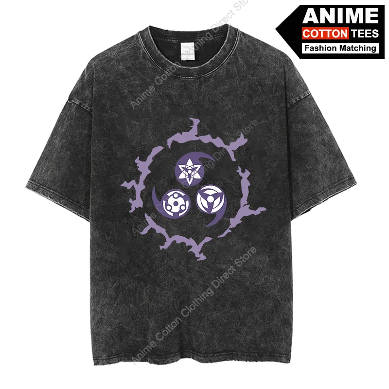 Anime Uchiha Kaleidoscope Sharingan Eye of Samsara T Shirt Unisex Hip Hop Street Oversized Tees Cotton Washed Vintage T-shirt