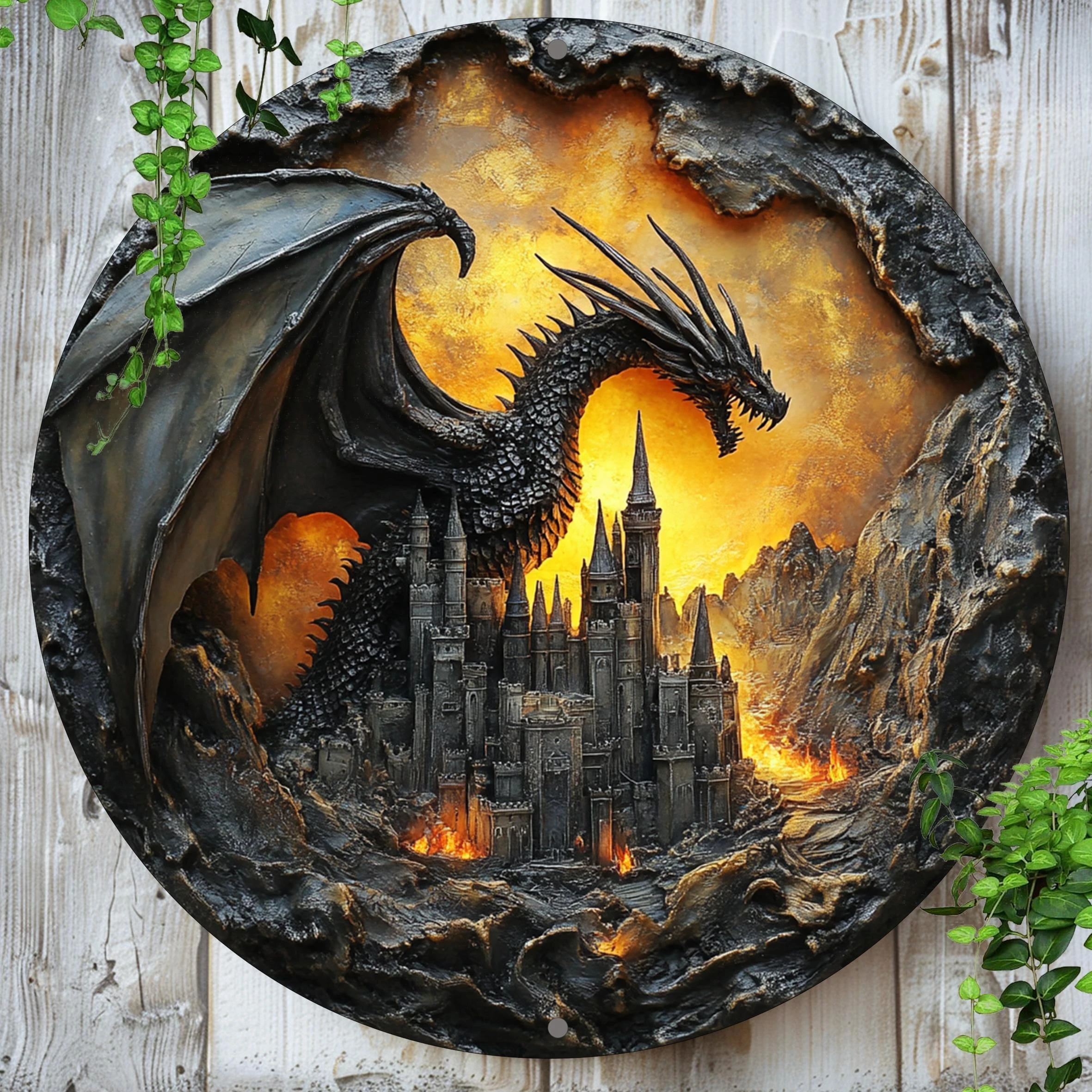 Fantasy Dragon Castle Round Metal Tin Sign Mythical Creature Wall Plaque for Home Bedroom Living Room Wall Hanging Decor Art