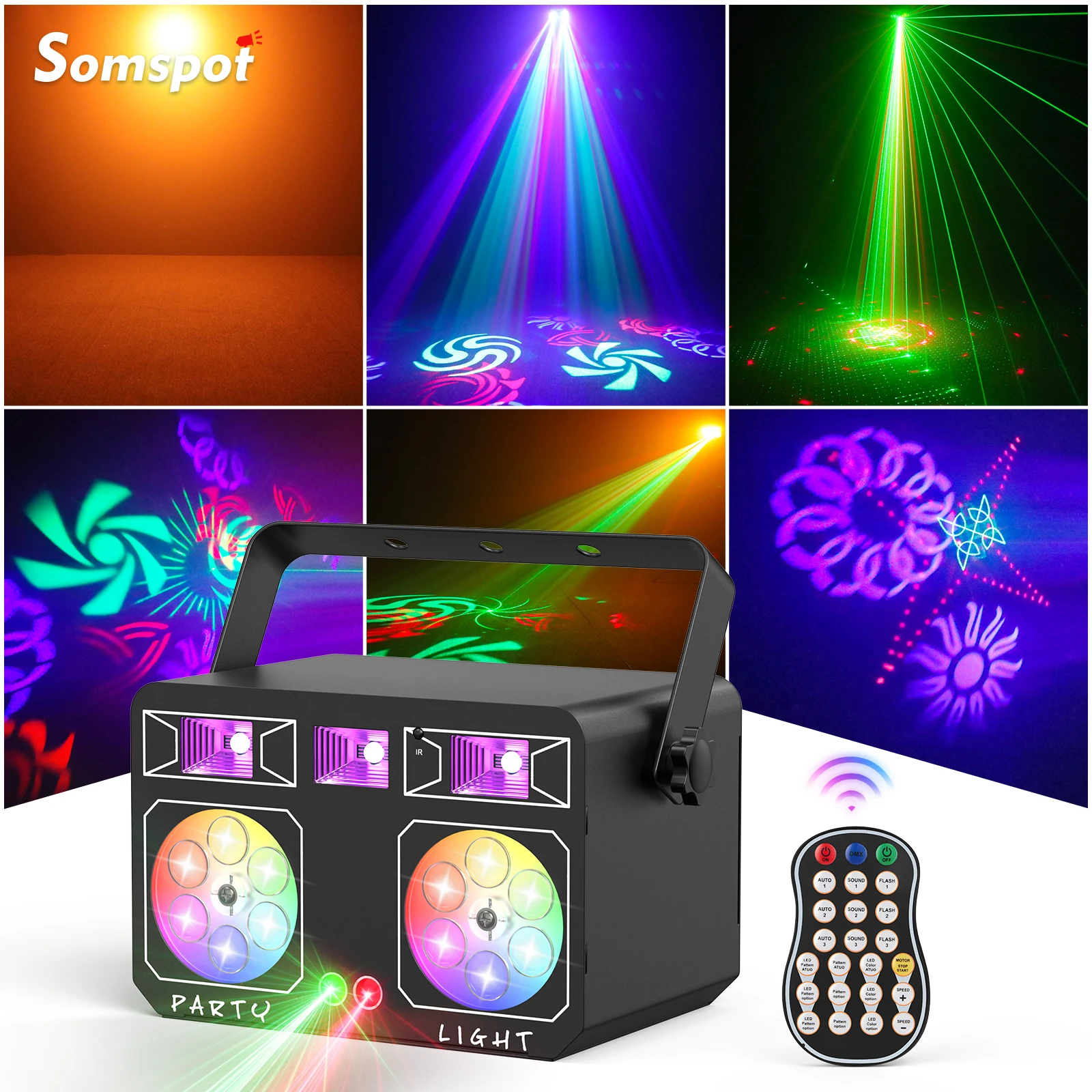 Somspot Mixed Effect Lights RGB Laser Lights Patterns Strobe Light DMX Stage Light Effect Projector for Wedding Church Party