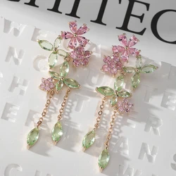 SENYU Fashion Sweet Pink Daisies Flower Long Earring Luxury Waterdrop CZ Crystal Shiny Jewelry Exquisite Bride Earrings
