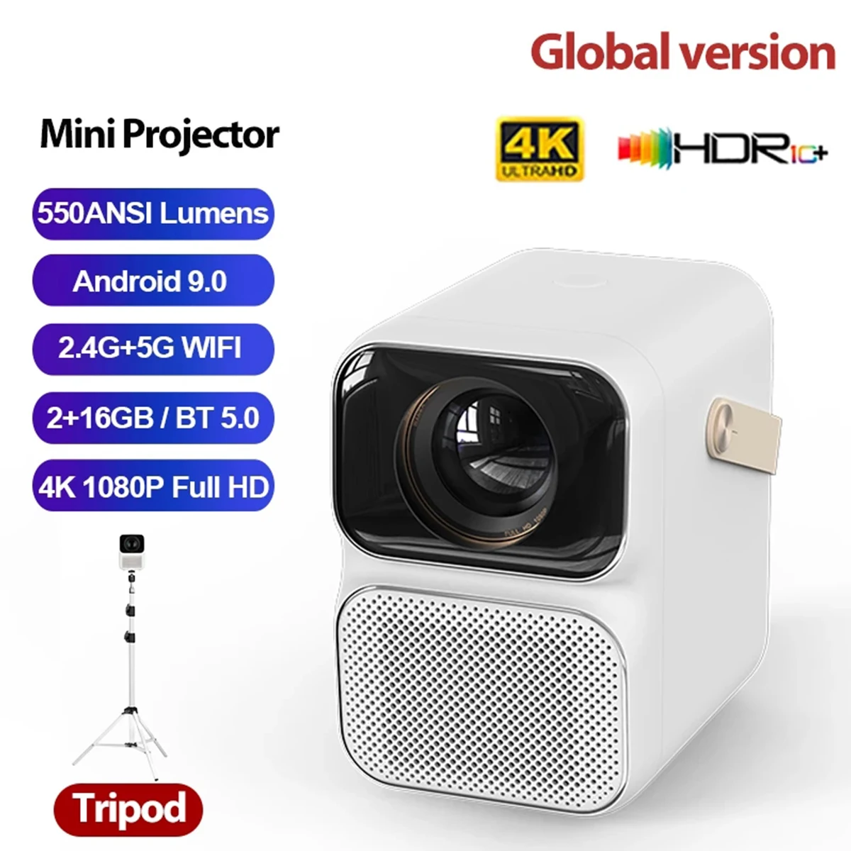 

T6 MAX Projector 4K 1080P Android 9.0 Mini Projector 550ANSI Lumens 2+16G 5G WiFi BT5.0 Projector AI Voice Home Theater