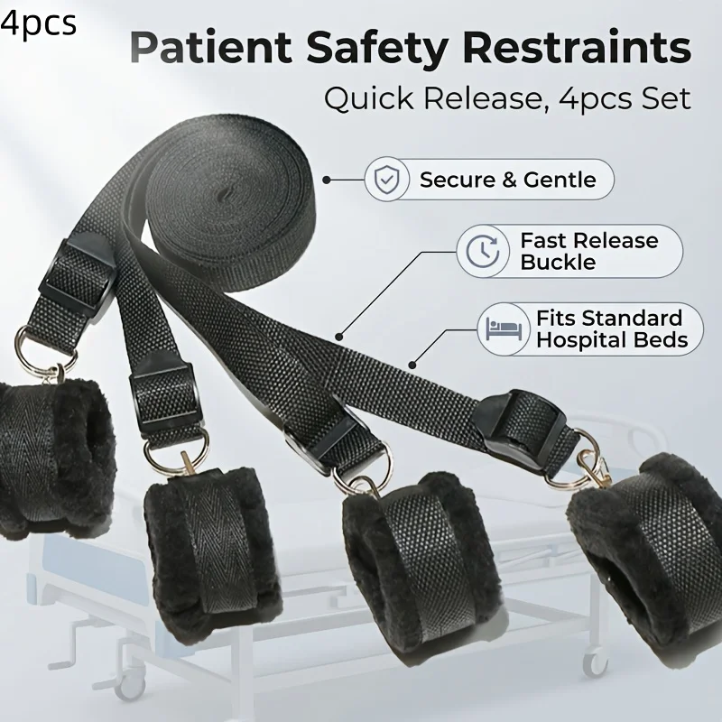 4pcs Bed Restraint Straps, Soft Padded Anti-Scratch Wrist & Ankle Cuffs, Adjustable Medical Safety Restraints for Patient Care
