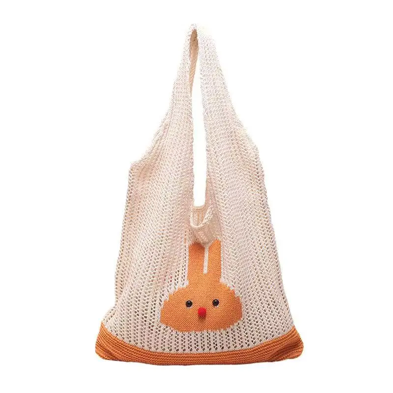 Cute Cartoon Rabbit Knitted Tote Bag Hollow Mesh Crochet Shoulder Bag Large Capacity Reusable Shopping Handbag For Daily Travel