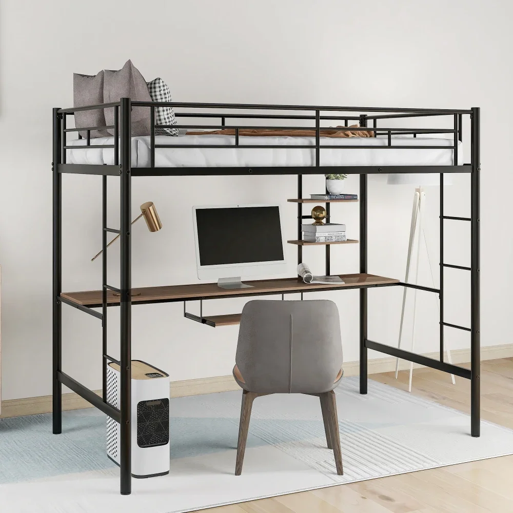 Children Beds Loft Beds with Desk and Shelf , Space Saving Design,Twin Children Furniture Kids Beds Bed for Boys Metal Bed Frame