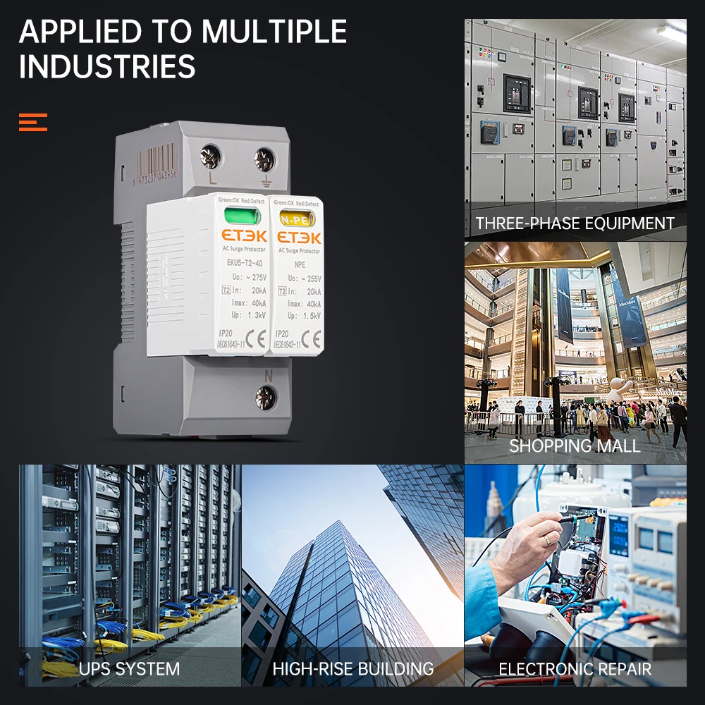 Surge Protective Device House SPD Low-voltage Arrester EKU5-T2-40-1PN275 1P+N 2P 2Pole AC 220V 230V 275V 35mm Din Rail 40kA