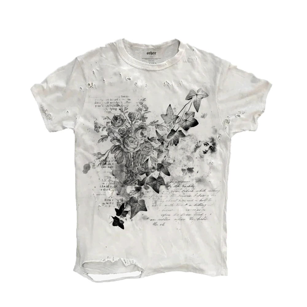 Retro Dark Flower Vine T-Shirt Worn Washed Hole Short Sleeve Loose Fit Breathable Cotton round Neck Men's Casual T-Shirt