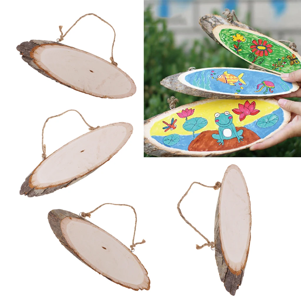 4Pcs Hanging Pine Wood Slices Tree Wooden Circles DIY Craft Oval Tags