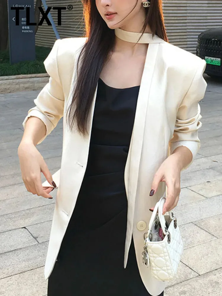 

TLXT Fashion Solid Color Straight Blazer For Women V Neck Single Breasted Long Sleeve Coat 2025 Summer New Clothing XK1411