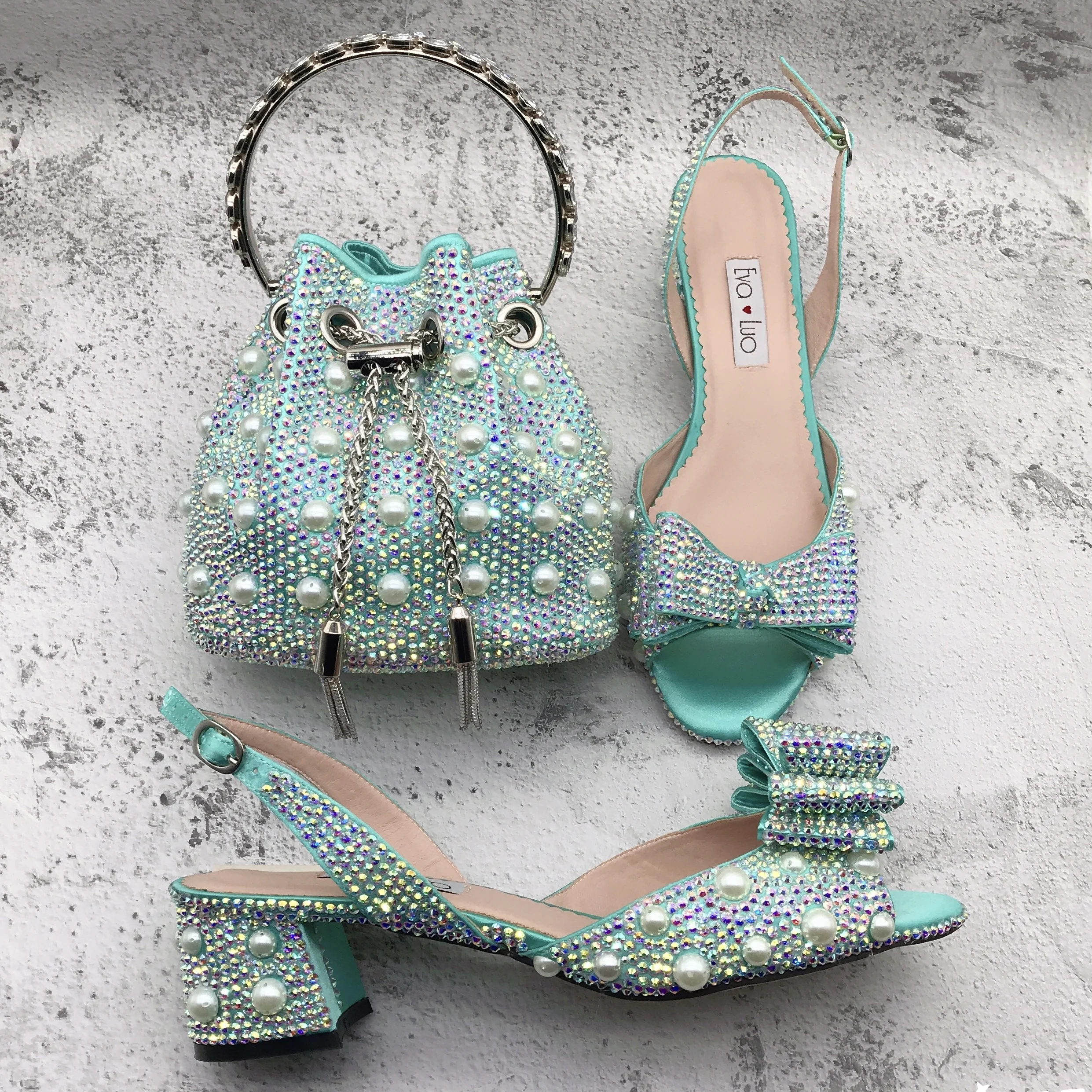 BS1591 Customizable Women Shoes Bridal Wedding Shoes Mint Green Pearl Stones Shoes With Matching Bag Set