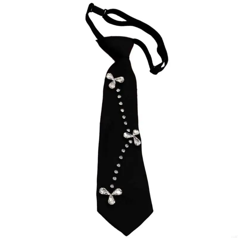 Unisex JK Shirt Tie with Sparkling Rhinestones Decorated for School Party Graduation Adjustable Pre Tied Black Necktie 