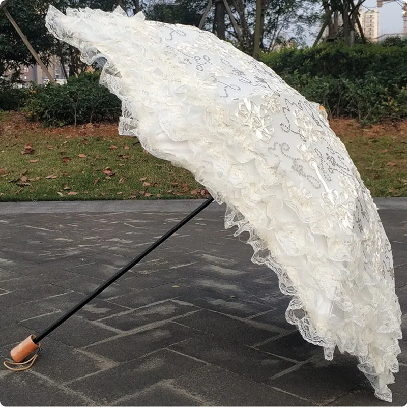 Lace Embroidery Sequins Umbrella for Women, Dual Folding, UV Proof, Sunshade, Princess Sun Umbrella
