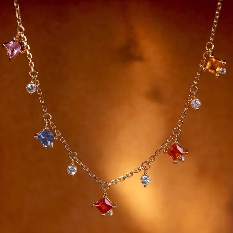 

Chic S925 Sterling Silver Rainbow Sapphire Choker Round Ruby Tourmaline Diamond Charm Pendant Necklace Free Dropshipping Jewelry