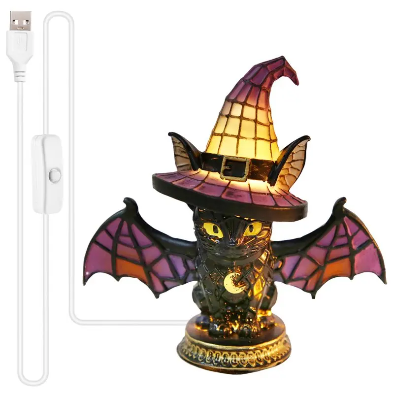 PORK-Resin Witches Lamp Gothic Style Handcrafted Retro Colorful Cat Table Lamp Halloween Decorations Night Light Witch Hat