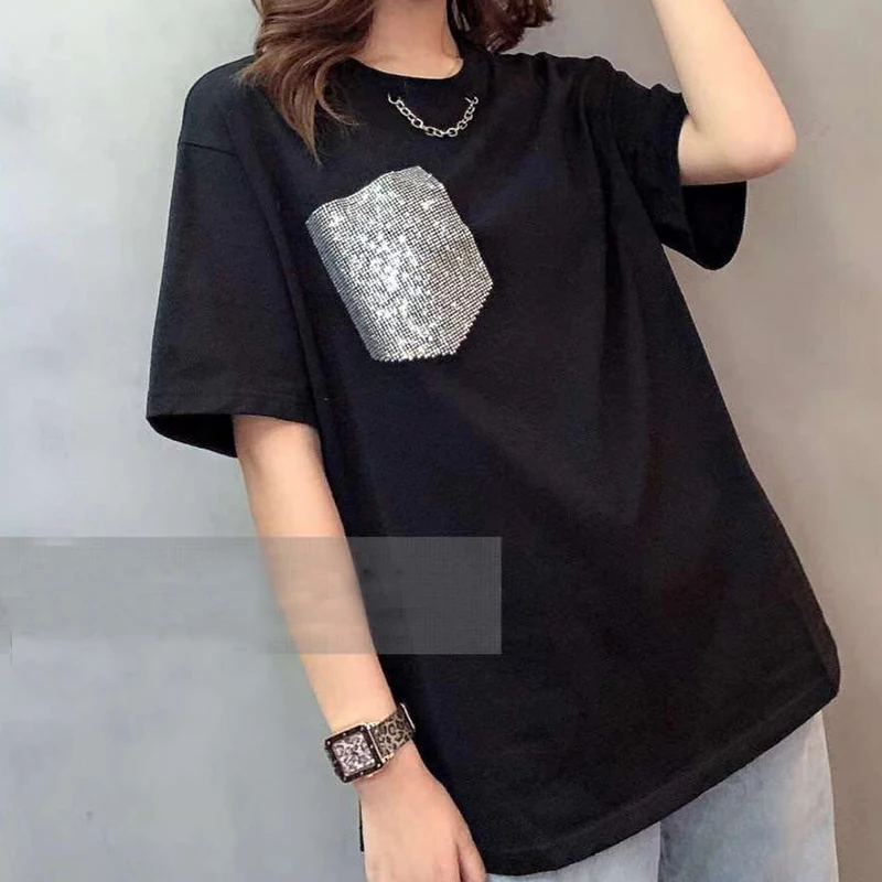 

Summer 2023 Loose Women's T-irt ort Sve Patchwork Base irt Faion Simple European Trend Street Sle round Ne Cotton
