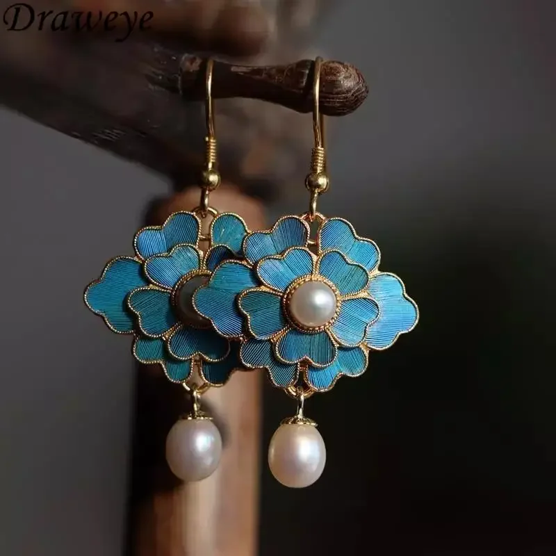 Draweye Pearls Dangles Earrings for Women Blue Flowers Chinese Style Vintage Elegant Aretes De Mujer Fashion Sweet Jewelry