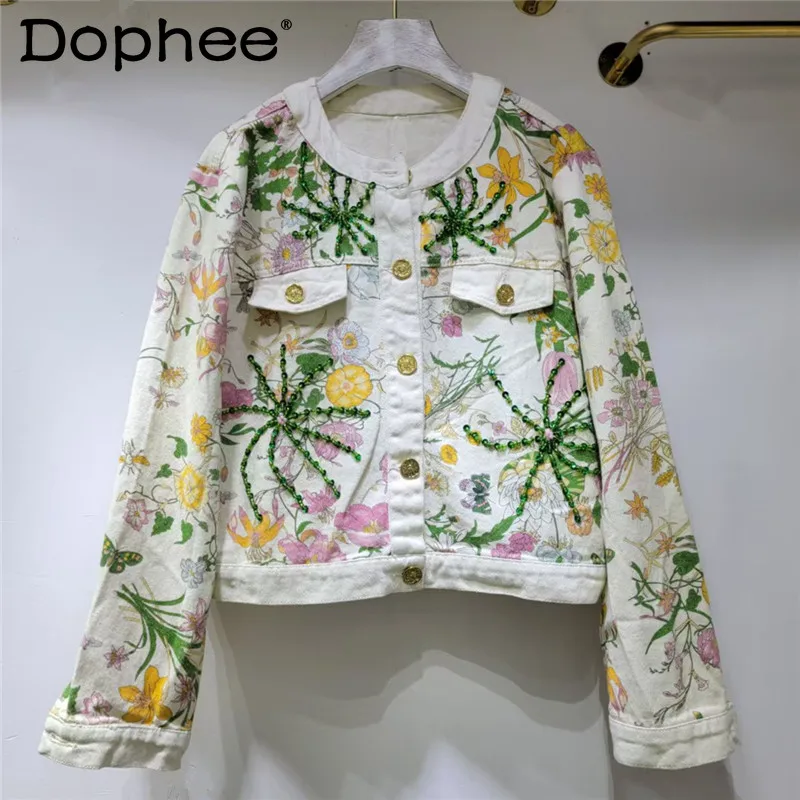 

European Station Beaded Single-breasted Denim Jacket 2025 Spring New Round Neck Long-sleeved Retro Color Jackets for Women