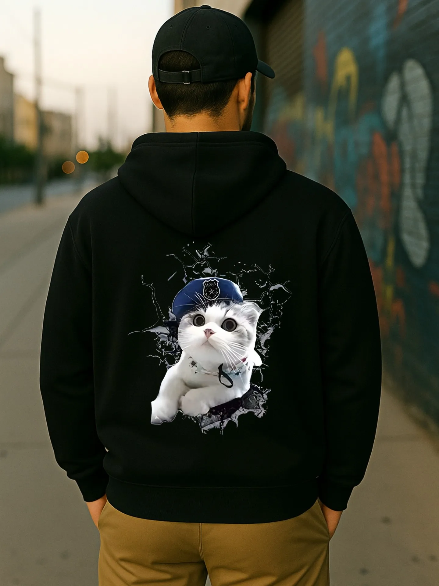 هوديي جرافيك للرجال، طباعة كرتونية على شكل قطة، نمط كاجوال، قماش ناعم، للرجال، للارتداء اليومي #2