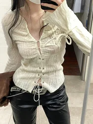 Korean Style T-shirt Women Long Sleeve Lace Up Y2k Vintage T Shirt Streetwear Fairycore Tee Tops 2000s Shirt Female