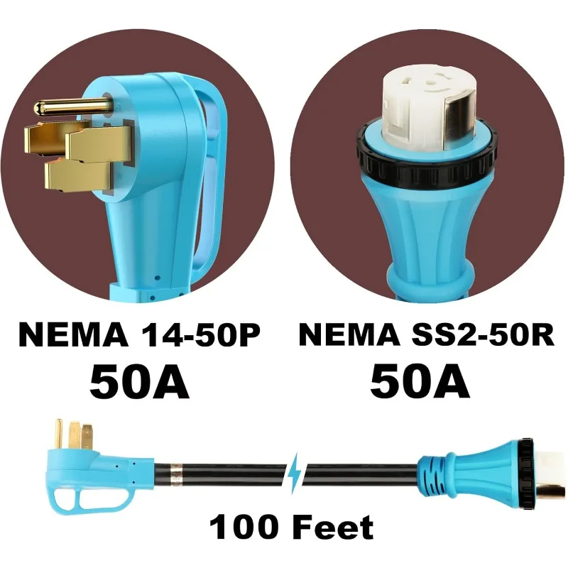 UL Listed 50 Amp 100 Feet RV/Generator Cord with Locking Connector, Heavy Duty 6/3+8/1 Gauge STW Wire, 14-50P Male