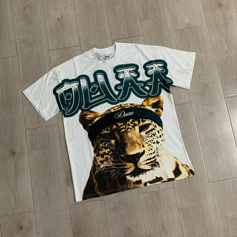 New Arrival DUAA Unisex Vintage T‑Shirt Realistic Leopard Portrait Graphic Loose‑Fit Street Short Sleeve Tee