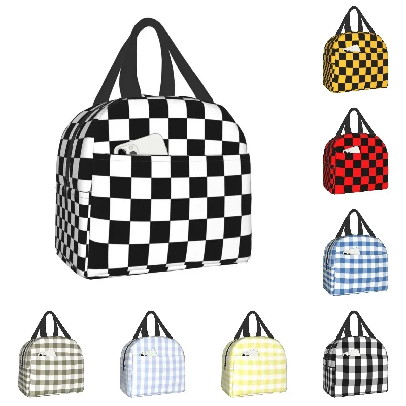 Black And White Checkered Insulated Lunch Bag for Women Waterproof Geometric Checkerboard Thermal Cooler Lunch Tote Kids School