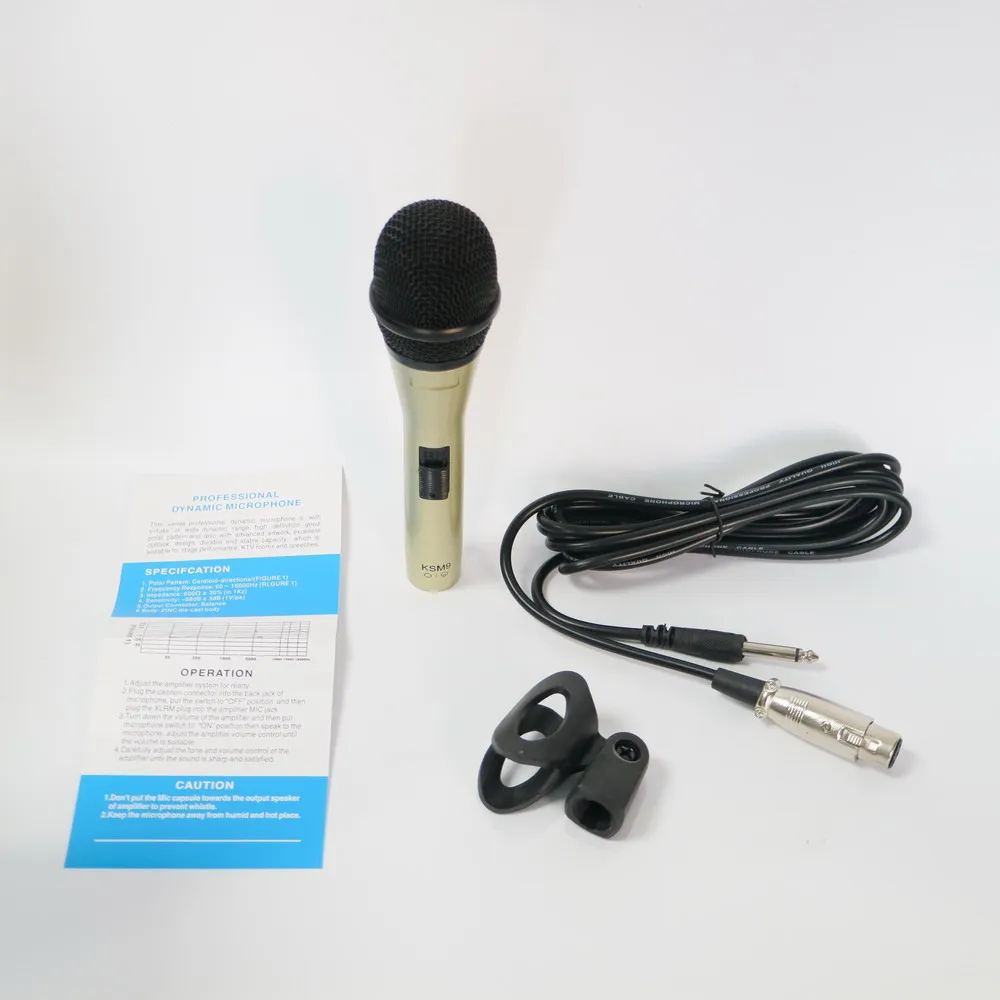 Novo microfone portátil dinâmico cardioide dourado ksm9, microfone de metal para palco, dj, karaokê, gravação vocal, xlr, 3 pinos a 6.35mm, cabo
