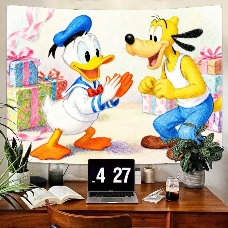 

1PC Disney Donald Duck & Pluto Birthday Tapestry, Colorful Cartoon Gift Box Wall Art, Modern Polyester Kids Room Decor Gift.