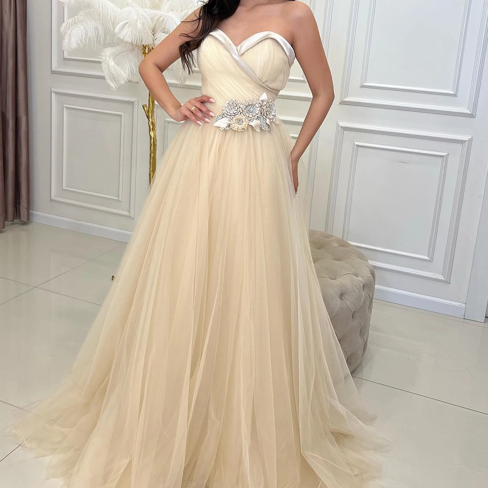 

Customized Temperament Crystal Pleat Strapless Floor Length Vestidos Para Mujer A-Line Evening Dress Organza Sweep TrainGowns