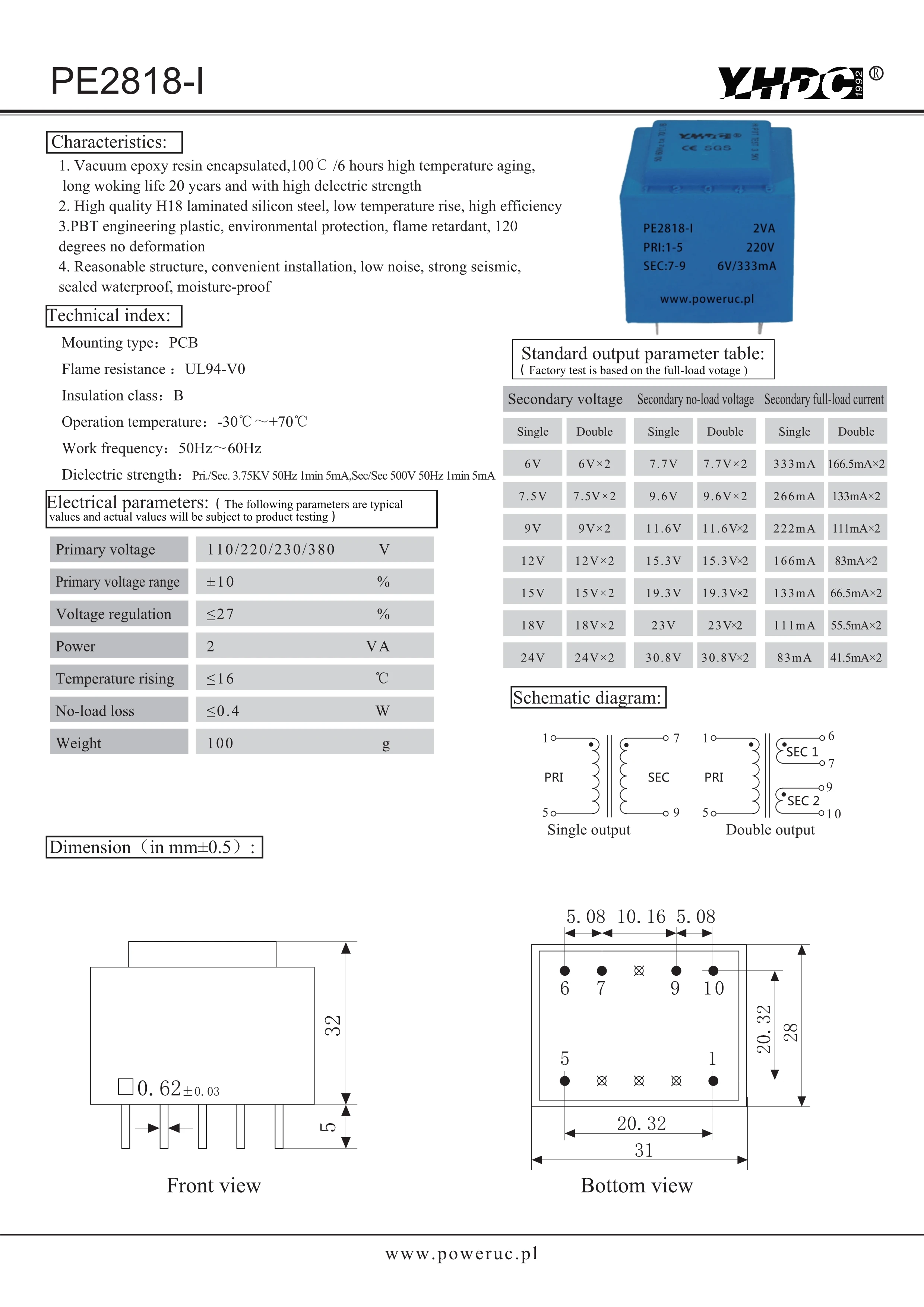 La puissance PE2818-I 2VA 220V / 6V/7.5V/9V/12V/15V/18V/24V de YHDC a encapsulé pour l'isolement monté par carte PCB