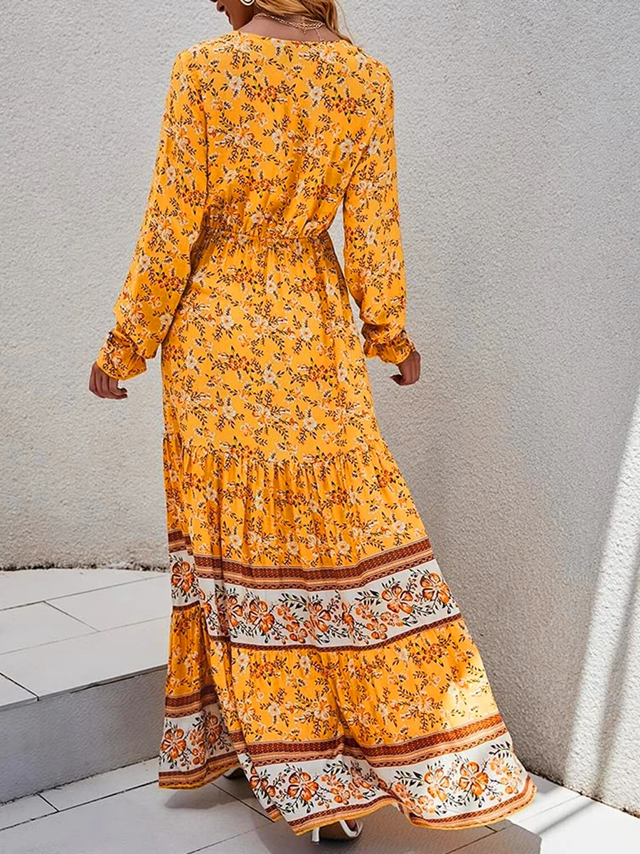 Long Dresses for Women Bohemia Floral Print V Neck Wrap Boho Dress Female Summer Long Sleeve Loose Beach Holiday Sundress