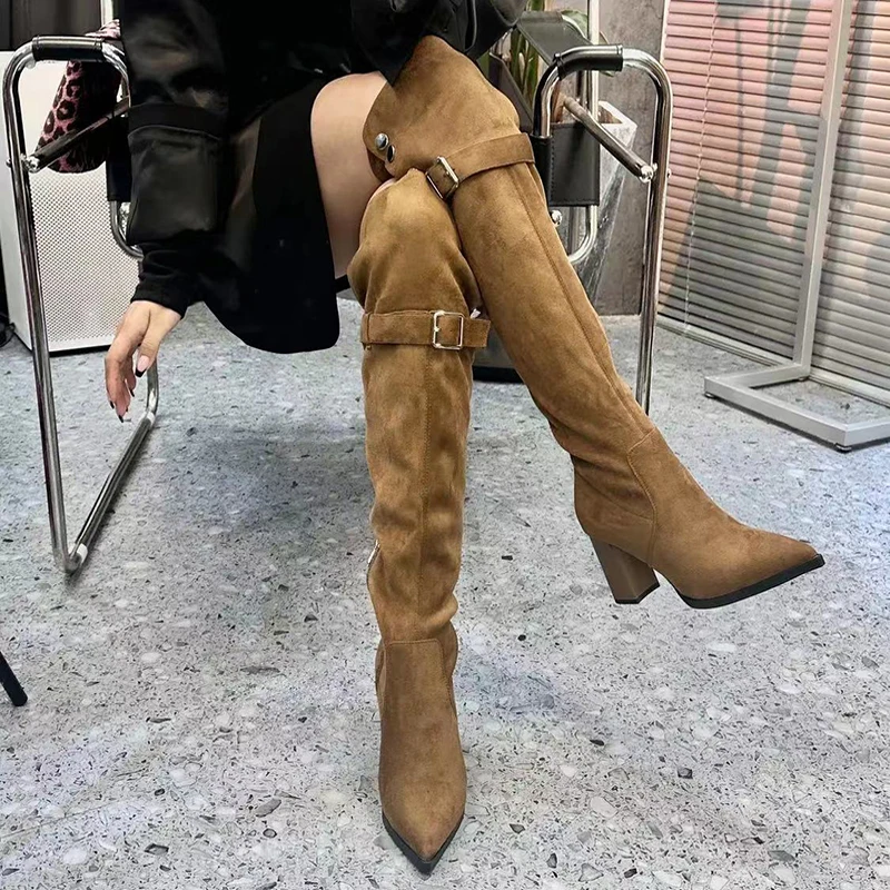 Winter Modern Women's Over The Knee Boots Fashion Pointed Toe Long Bootties Designer Thick Heels Botas De Mujer