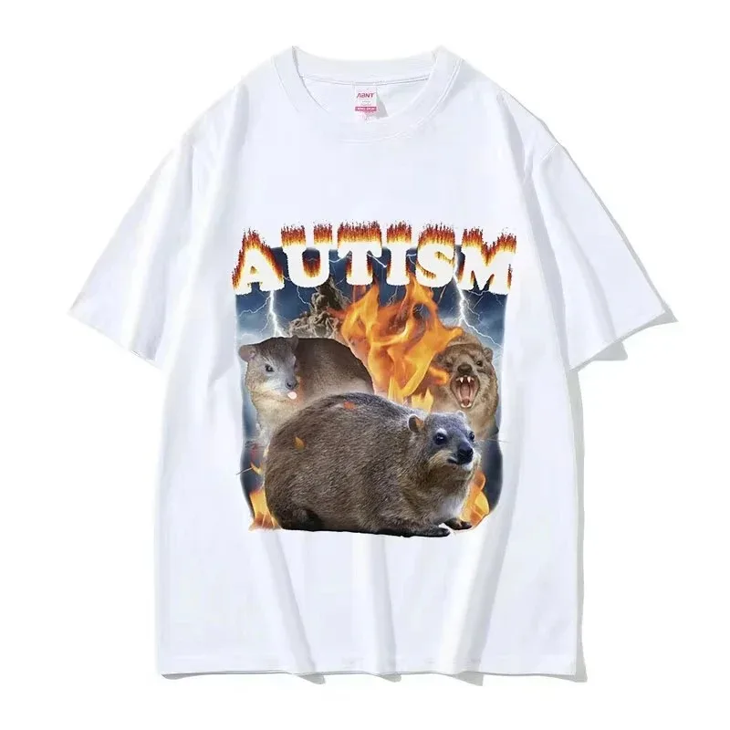 Funny Autism Hyrax Meme T-Shirt, Men's Crew Neck High Quality Tee, Unisex Vintage Harajuku Loose Pure Cotton Streetwear Tops