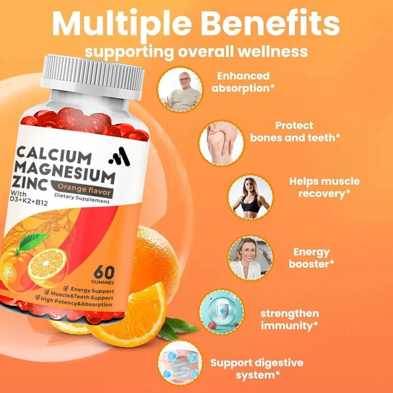 

Adult Calcium Magnesium Zinc Gummies: Organic 1000mg Calcium Magnesium Citrate Supplement, Containing D3 and B12