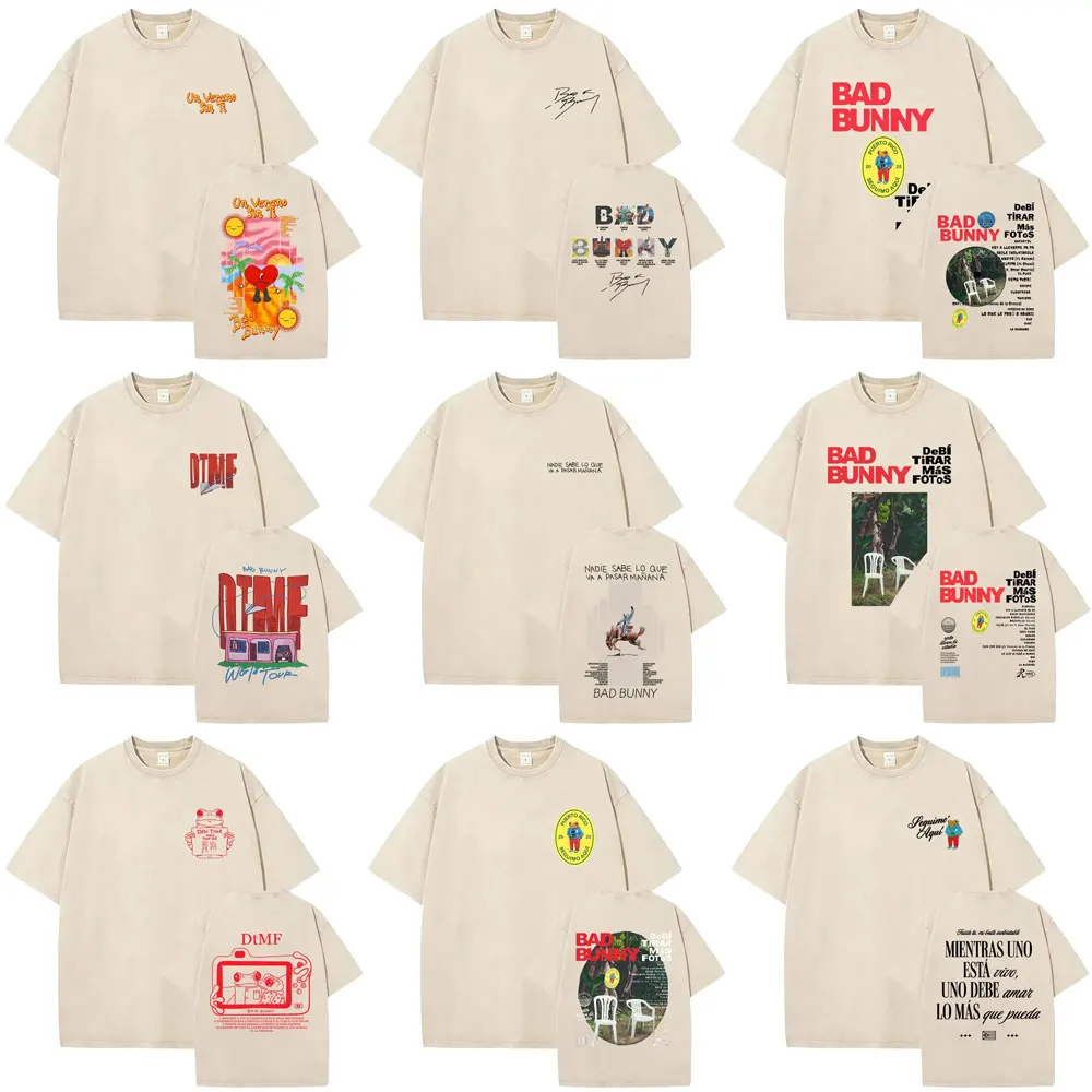Rapper Bad Bunny Nadie Sabe Lo Que Va A Pasar Manana Vintage Washed Khaki T-shirt Men Women Fashion Hip Hop Oversized T Shirts