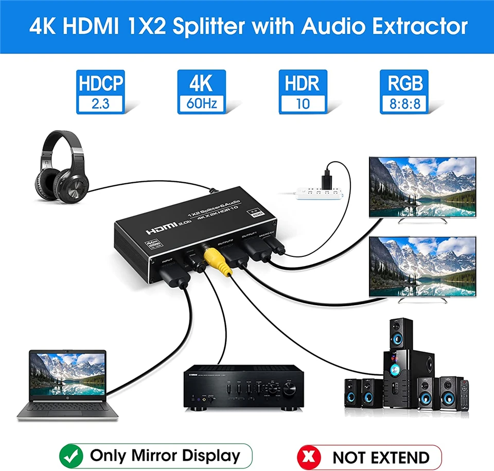 Navceker HDMI Splitter 1X2 4K HDMI Splitter เครื่องแยกสัญญาณเสียง1ใน2พอร์ตออก HDMI ที่แยกสายไฟ HDMI Amplifier สำหรับ PS4 PS5 Xbox