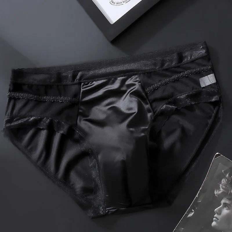 Man's Solid White Lace Hem Panties High Elastic Thin Breathing Briefs Soft Touch  Gifts  Group