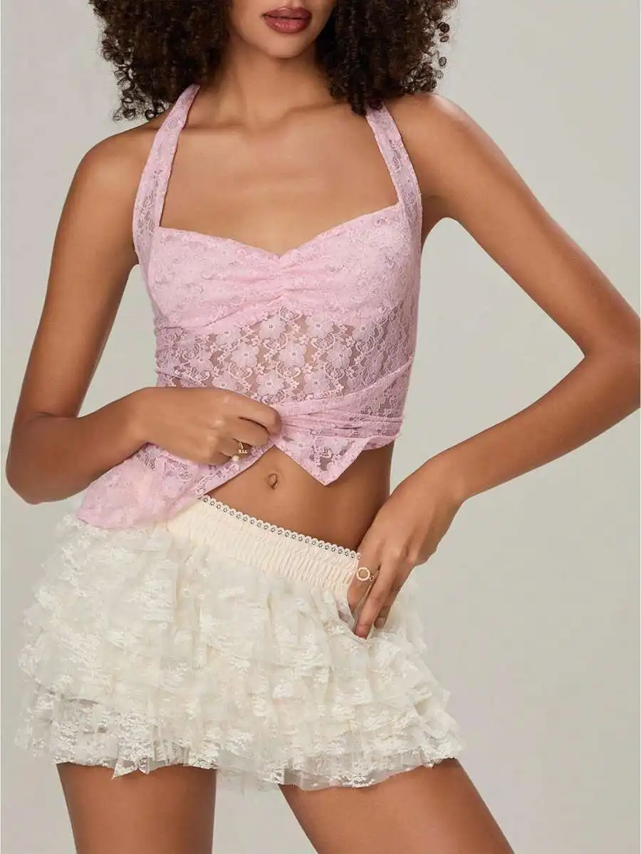 

Lace Halter Neck Tank Top Women Sleeveless V-Neck Crop Top Summer Casual Streetwear