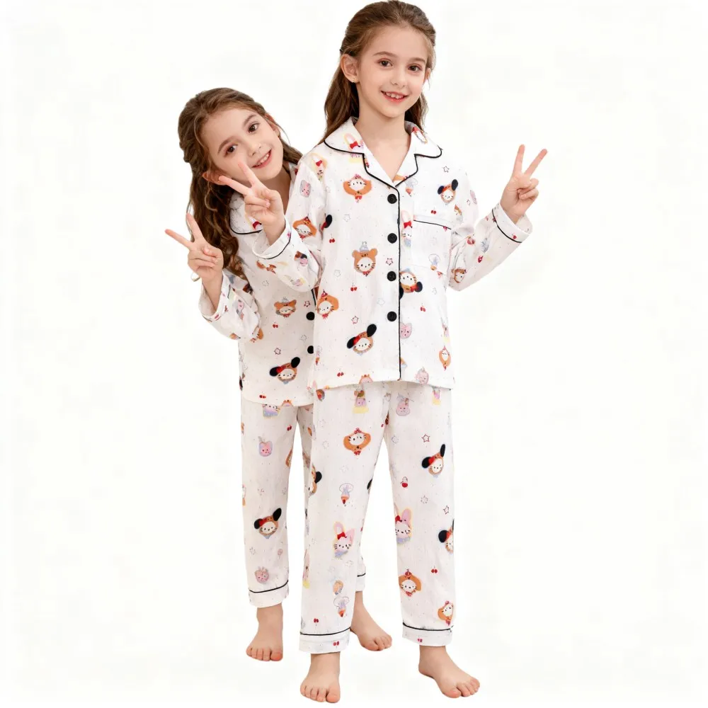 Girls Pajama Set Cute Cartoon Animal Print Long Sleeve Sleepwear Kids Lapel Button Down Night Suit Children Home Loungewear