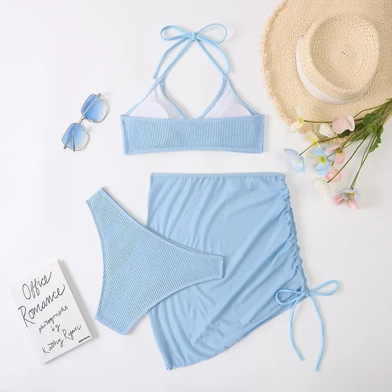 Sexy Light Blue Ribbed Halter Bikinis Set 3 Piece Swimsuits Women 2026 Swimwear with Drawstring Sarong Bikini Mujer Beachwear