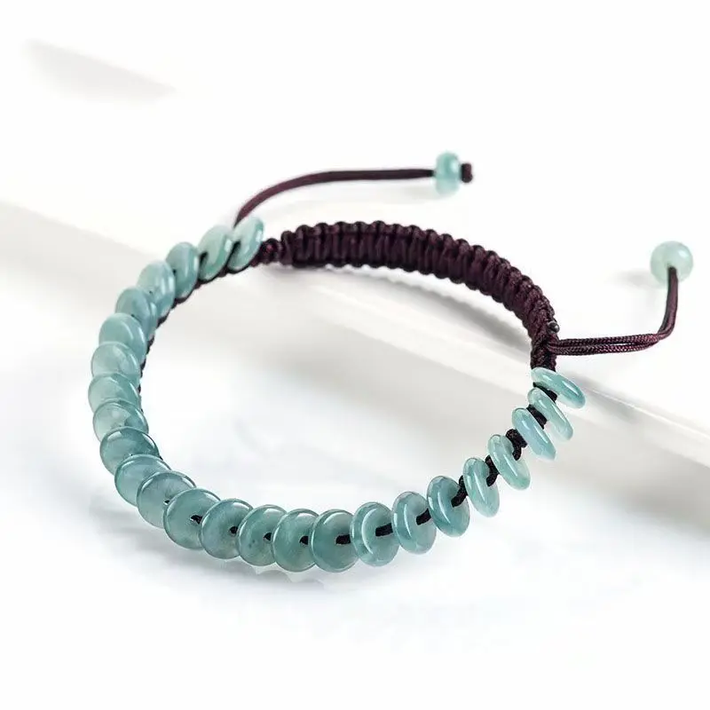 High-grade Natural A Goods Jadeite Blue Water Peace Buckle Bracelet Hand-woven Ice Men and Women's Jade Bracelet Holiday Gifts